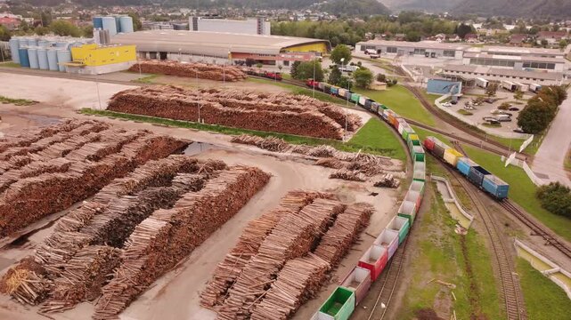Aerial view of a moving freight train passing the log yard of a pulp and paper mill, Gratkorn, Styria, Austria
