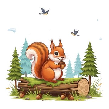 Adorable cartoon squirrel with nut sitting on a log in a whimsical forest scene with birds flying overhead