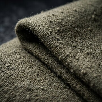 Coarse olive army wool blanket folded in dramatic macro close up, revealing rugged woven fibers, lint and pilling in realistic military textile texture