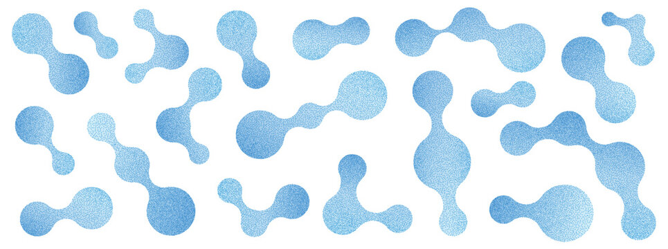 Biology shape set of blue grain metaball figures. Soft noise texture shades every rounded biological blob from azure to sky. Azure vector form collection for promotional banner or infographic design