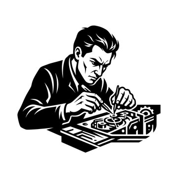 Watchmaker Repairing Clock Mechanism with Precision Tools Vintage Linocut Vector Illustration