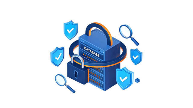 Isometric Cyber Security Concept with Secured Database Server Padlock Shields and Magnifying Glasses Vector Clipart
