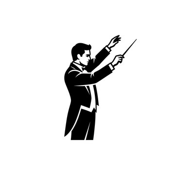 Orchestra Conductor Directing Classical Music with Baton Vintage Linocut Vector Illustration