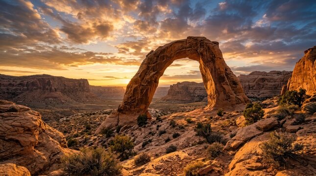 Minimalist Sunset Over Arches National Park s Iconic Delicate Arch in Golden Hour Dramatic Desert Landscape