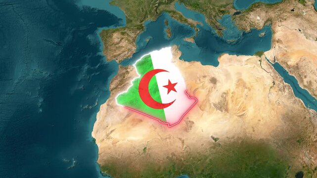 Algeria highlighted on world map with animated flag waving motion