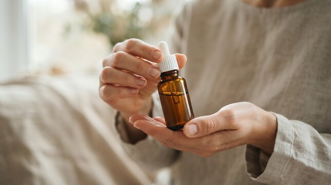 Natural skincare dropper bottle, a woman's hands holding amber glass serum for beauty and wellness, organic cosmetic product for health and self-care.