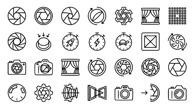 Camera Shutter and Lens Aperture Line Icon Set Featuring Photography Settings Exposure Exposure Time Focal Length and Digital Video Recorder Symbols Vector