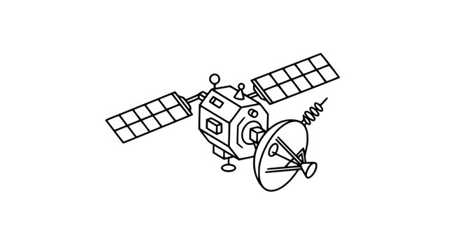 Orbital Space Satellite Line Art Vector Icon with Parabolic Antenna and Solar Arrays for Telecommunication Network Design Element Isolated on White Background