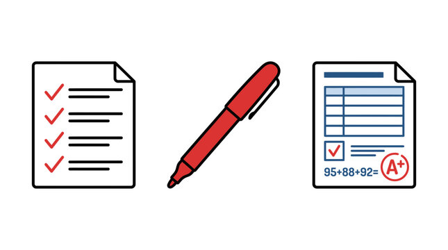 Vector illustration of checklist document red marker pen and graded exam test paper