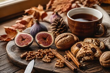 Fototapeta premium cup of tea sits beside figs nuts and cookies on wooden board with dried leaves scattered around creating inviting autumn scene