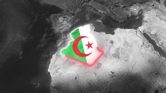 The Algerian nation flag overlaying satellite map revealing the country's borders and motion footage