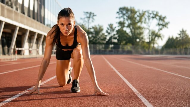 Athletic female runner in low starting position on outdoor track lane ready to sprint. Sunlight on stadium, fitness motivation and active lifestyle concept.