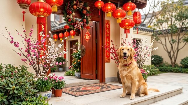 Golden Retriever Welcomes Lunar New Year: A friendly golden retriever sits on the steps of a traditional home adorned with festive red lanterns and blossoming branches.