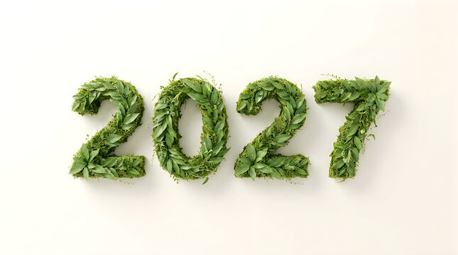 Creative green leafy number arrangement showing year two thousand twenty seven