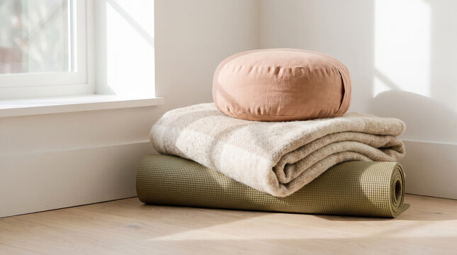 Yoga mat zafu cushion and blanket in a bright home studio corner