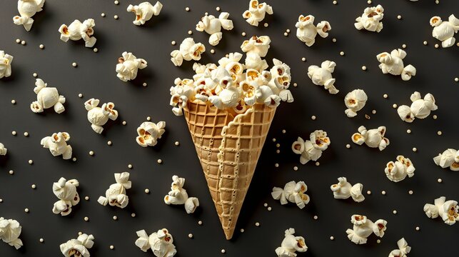 Deliciously scattered popcorn elegantly served in a classic cone for an enjoyable snack experience