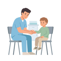 Obraz premium A caring male doctor examines a sad young boy's injured hand while sitting together in a bright medical clinic setting.