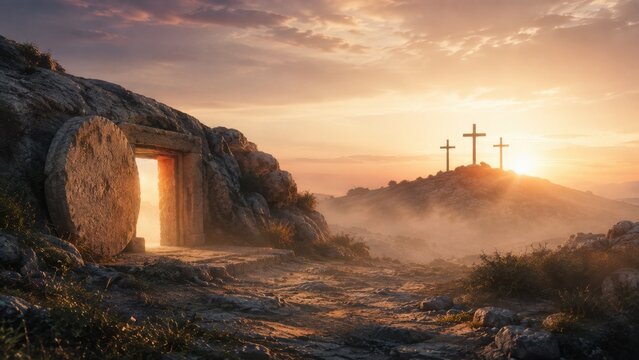 Open tomb of Jesus Christ glowing with warm interior light. Misty morning sunrise landscape with three crosses silhouetted on Golgotha hill. Easter Resurrection concept.