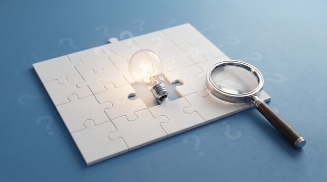 Strategic Problem Solving and Business Investigation Represented by a Magnifying Glass Examining an Unresolved Puzzle with a Question Mark