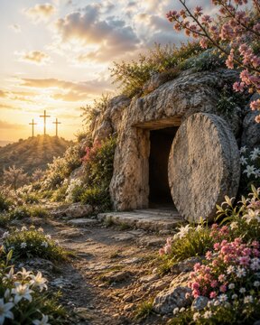 Vertical view of open empty tomb of Jesus Christ surrounded by blooming spring lilies. Three crosses on Golgotha hill in golden sunrise light. Concept of Easter Resurrection, rebirth, and hope.
