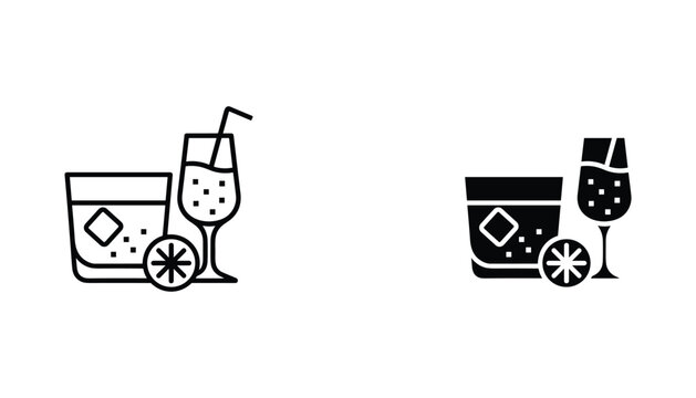Alcoholic drinks vector icon isolated on white Black and white outline line art and solid glyph silhouette