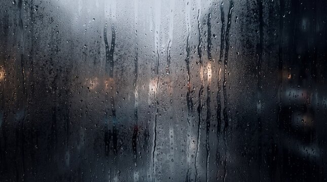 Raindrops Streaming Down Glass Window on Rainy Day