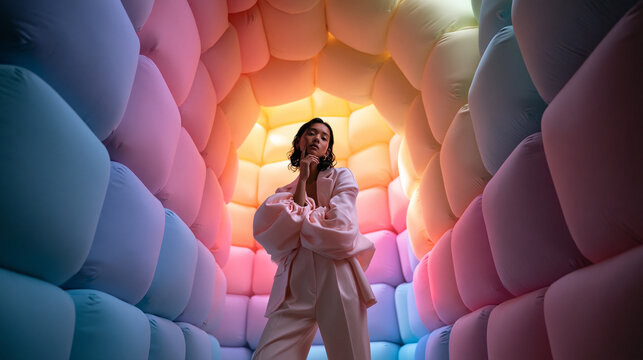 Fashion Model Posing in Futuristic Pastel Inflatable Tunnel