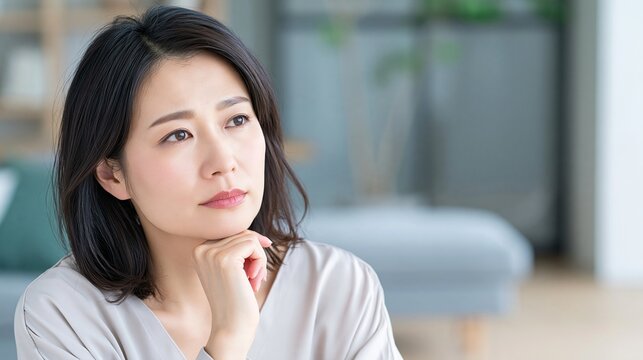 窓の近くで手をあごに添えて静かに何かを考える女性
