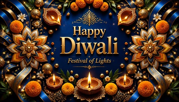 Happy Diwali festival of lights luxury background with 3D golden typography burning clay diyas marigold flowers and royal blue satin ribbons