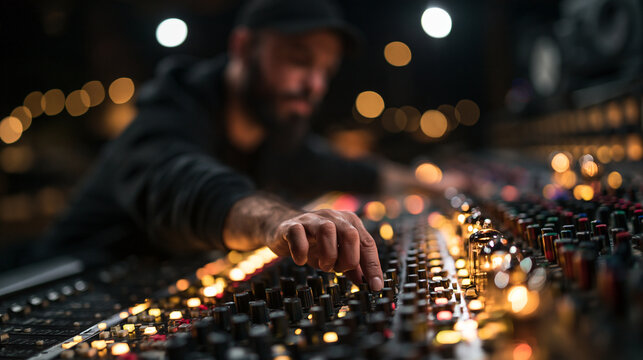 Sound Engineer Adjusting Mixing Console in Recording Studio