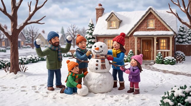 Claymation Family Building a Snowman in Front Yard