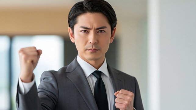 白背景の前で力強く両手でガッツポーズを決め気合を入れる男性