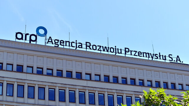 Warsaw, Poland. 15 August 2026. Urban landscape. Neon sign with the inscription: ARP. Agencja Rozwoju Przemyslu S.A.