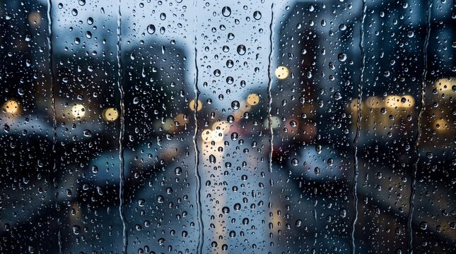 Raindrops Streaming Down Window Overlooking Blurred City Street