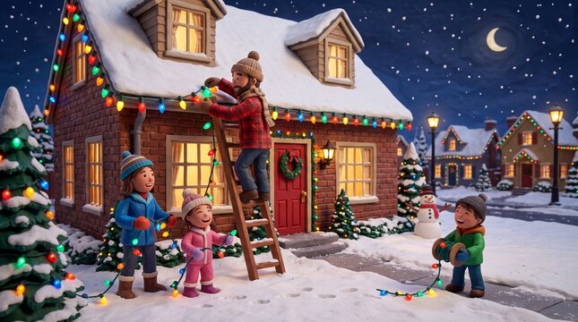 Family Decorating House with Christmas Lights in Winter
