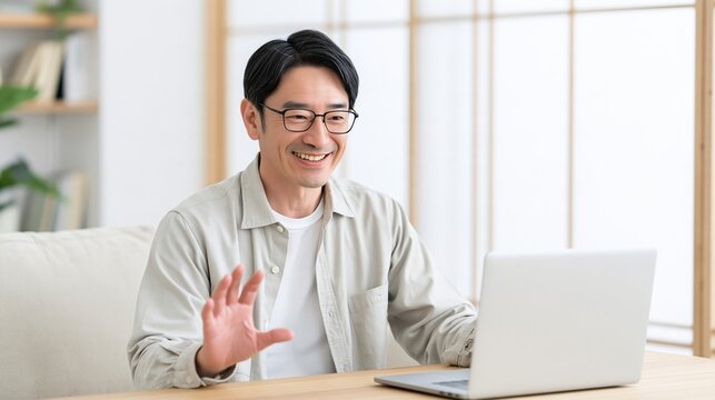 自宅のデスクで笑顔で手を振りオンライン会議に臨む男性