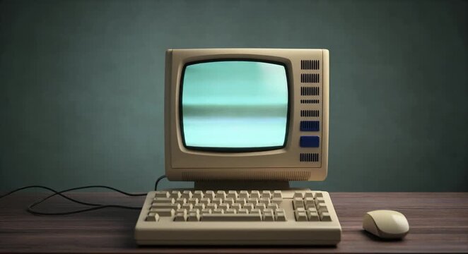 Retro computer setup with glowing screen on wooden desk with atmospheric lighting