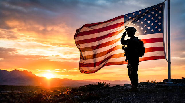 A silhouette of a soldier saluting the american flag during a beautiful sunset for veteran's day commemoration