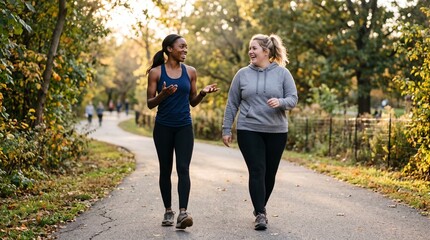Obraz premium Two women of different body types walking and talking on a park path during autumn with golden sunlight
