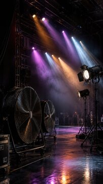Professional concert stage lighting equipment with colorful light beams, spotlights, wind machine fans and atmospheric haze. Behind the scenes, show business, film production and event preparation con