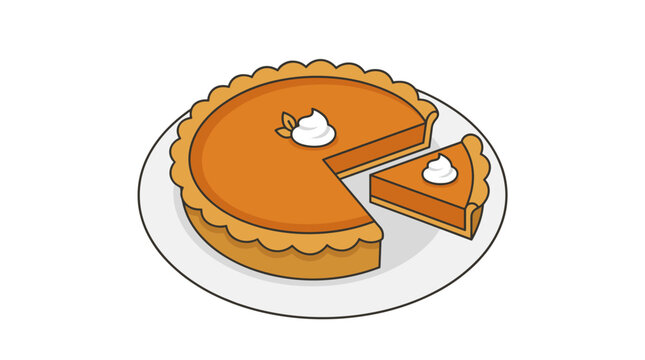 A vector illustration of a whole orange pumpkin pie on a white plate with one slice cut out of it
