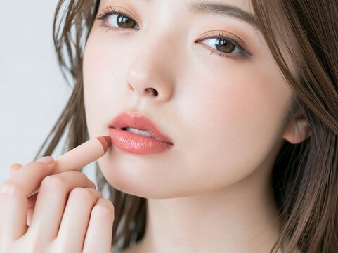 リップメイクの仕上げとしてあごに手を添え自身の唇を整える女性