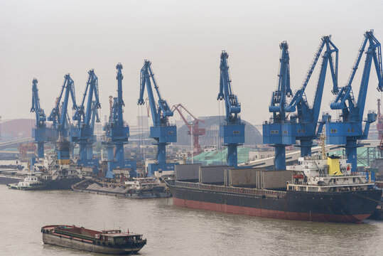 Large bulk carrier berthed alongside an industrial river terminal during cargo loading, with numerous massive blue cargo cranes lining the quay.