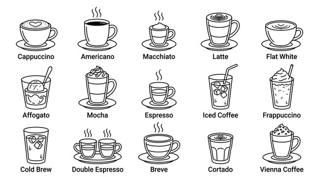 A collection of various coffee drink types presented as simple outlined icons for menu reference.