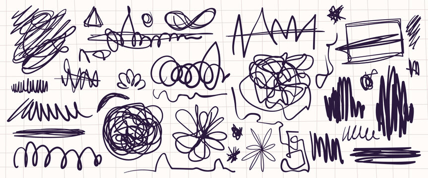 Hand drawn scratches, squiggly pen marks and scribble doodles on grid paper page background. Vector realistic pack of abstract brush strokes, pencil sketches, black marker elements for school design
