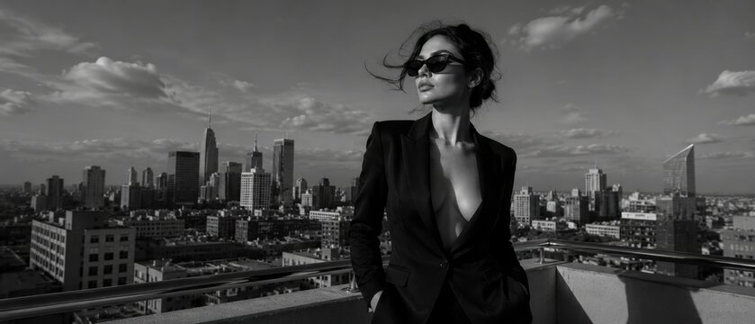 Black and white panoramic fashion portrait of elegant woman in black suit jacket and sunglasses standing on rooftop overlooking city skyline and cloudy sky. High fashion, urban luxury, success and exe