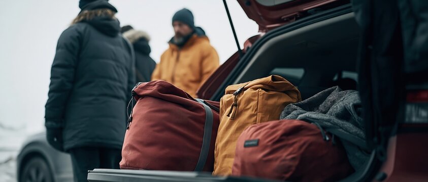 Adventureready group packs duffel bags and backpacks into an open car trunk on a cold winter day. Perfect for road trip, travel planning, and outdoor lifestyle campaigns.