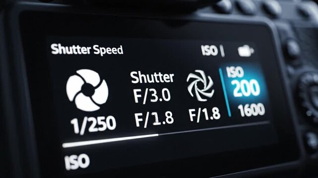 Videography icon display showing camera settings on digital screens