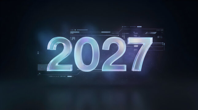 Futuristic digital display showing year two thousand twenty seven with glowing light effect