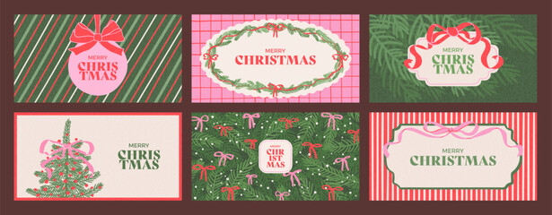 Obraz premium Retro horizontal banners set of Merry Christmas and Happy New Year. Vintage illustrations with gift bows, Christmas tree and ball, frames. Hand drawn design background for card, invitation, flyer